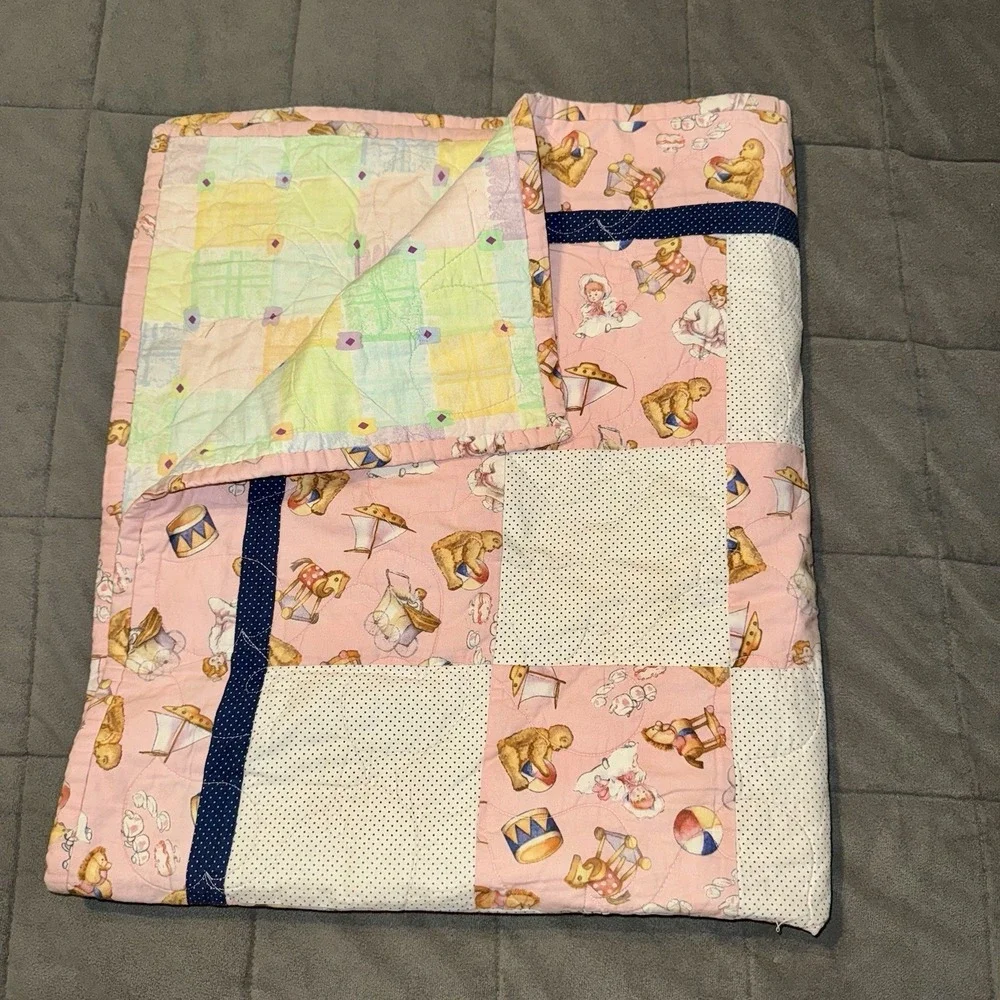 Vintage Pink Patchwork Baby Quilt Teddy Bears Rocking‎ Horse Reversible 36x42